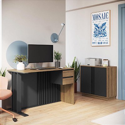 Conjunto para Escritório 2 Peças Mesa com Gavetas e Balcão 2 Portas