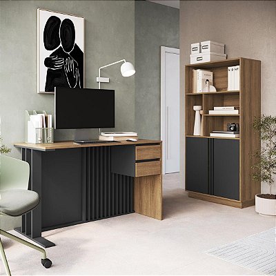 Conjunto Escritório Escrivaninha 120cm Armário 160cm 2 Portas 4 Nichos