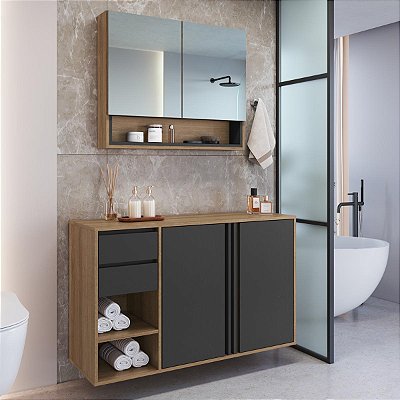 Conjunto Banheiro Suspenso Antônia Gabinete 110cm Espelheira 2 Portas