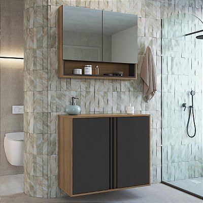 Conjunto Banheiro Suspenso Gabinete 80cm Antônia Espelheira 2 Portas