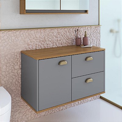 Gabinete Suspenso para Banheiro 80cm Lívia 1 Porta e 2 Gavetas