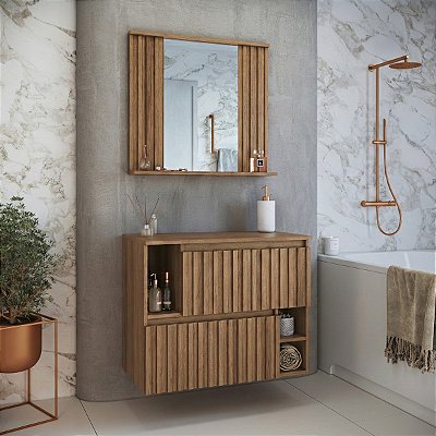 Conjunto Gabinete Suspenso Luiza 75cm 2 Portas Basculante com Espelheira