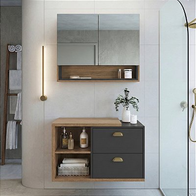 Conjunto Gabinete Suspenso Helena 80cm 2 Gavetas com Espelheira