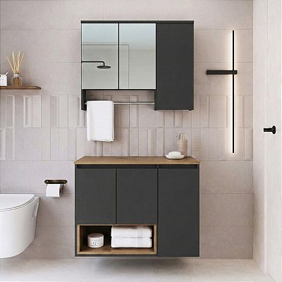 Conjunto Gabinete Suspenso Cecília 80cm 3 Portas Nicho com Espelheira