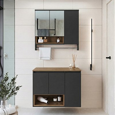 Conjunto Gabinete Suspenso Cecília 80cm 3 Portas Nicho com Espelheira