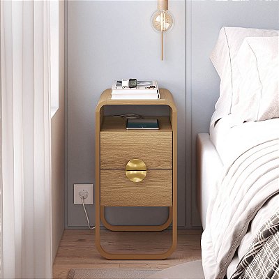 Mesa de Cabeceira Aura 30cm Compacta 2 Gavetas Pés em Metal