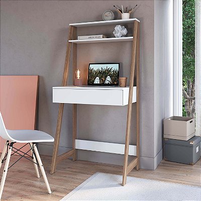 Escrivaninha com Estante com 2 Prateleiras e Gaveta 73cm Moderna