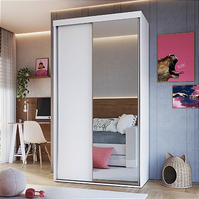 Guarda Roupa Solteiro 120cm 2 Portas de Correr com Espelho e Cabideiro