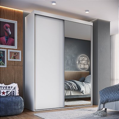 Guarda Roupa Solteiro 165cm 2 Portas de Correr com Espelho e Cabideiro