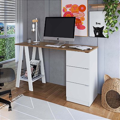 Mesa Escrivaninha Cavalete 135cm com 3 Gavetas e Prateleira
