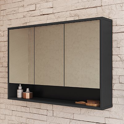 Armário Aéreo Banheiro Bari com Espelho 88,4cm 3 Portas 4 Prateleiras