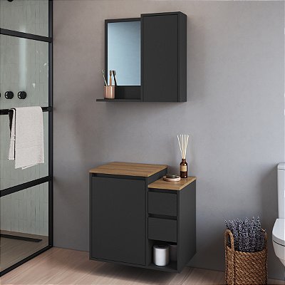 Conjunto Banheiro Gabinete Suspenso e Espelheira Bari 60cm 2 Portas