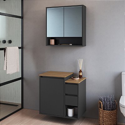 Conjunto Banheiro Gabinete Suspenso e Espelheira Bologna 60cm 3 Portas