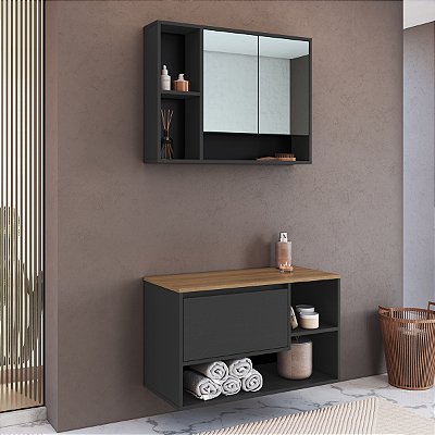 Conjunto Banheiro Gabinete Suspenso Espelheira 80cm Barcelona 3 Portas