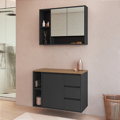 Conjunto Banheiro Gabinete Suspenso e Espelheira Belagavi 80cm 3 Portas