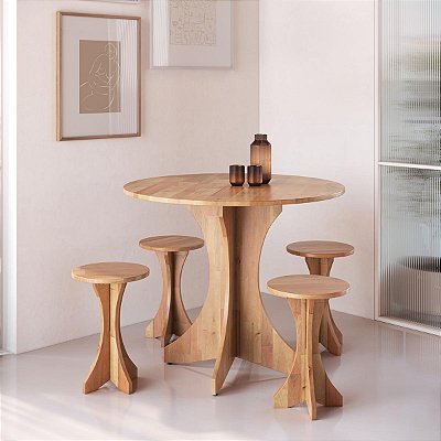Conjunto Mesa de Jantar Redonda 80cm 4 Banquetas Madeira Maciça