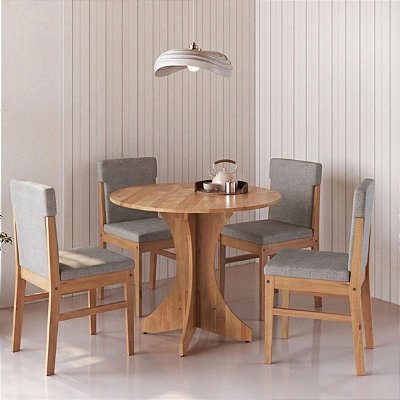 Conjunto Mesa Jantar Redonda 80cm 4 Cadeiras Madeira Estofadas Arezzo