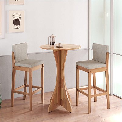 Conjunto Mesa Bistrô Alta 2 Banquetas 38cm Madeira Arezzo Estofadas