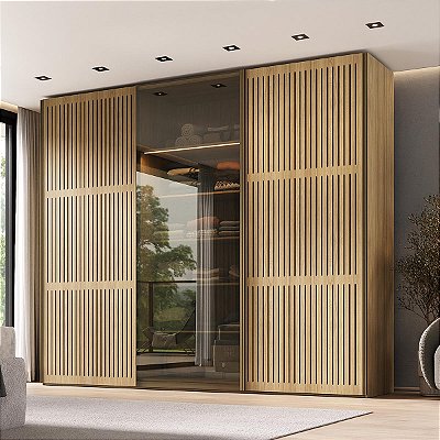 Guarda-Roupas Nilo 274,2cm 3 Portas com Porta Ripada e Reflecta com Led