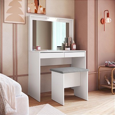 Penteadeira Camarin 90cm 2 Gavetas e Banco Estofado