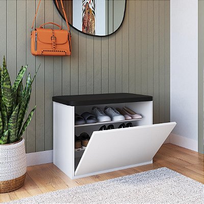 Sapateira Puff Basculante 65cm com estofado 2 Prateleiras e 1 Porta