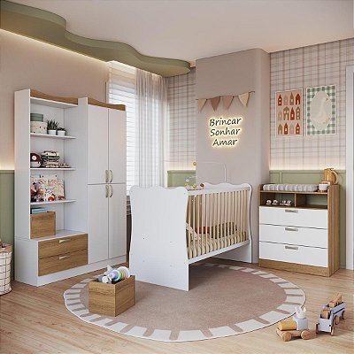 Quarto Infantil Guarda Roupa 6 Prateleiras Cômoda 3 Gavetas e Berço
