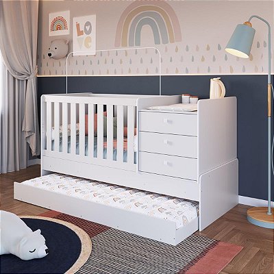 Berço Cama Multifuncional 85x196cm com Auxiliar 3 Gavetas e Trocador