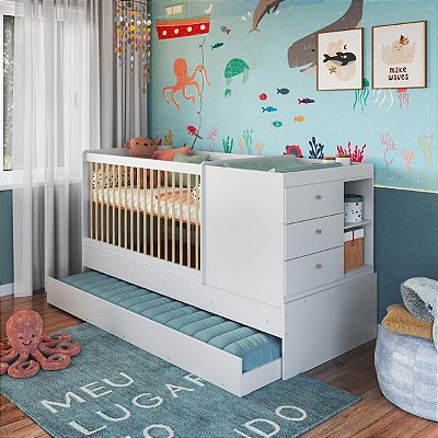 Berço Cama 194X84,5cm com Auxiliar 3 Gavetas e Trocador