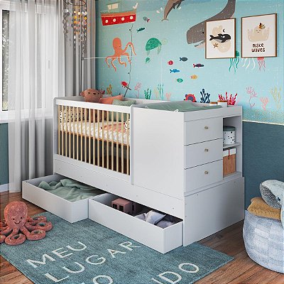 Berço Cama 194x84,5cm 3 Gavetas 2 Gavetões com Rodízios e Trocador
