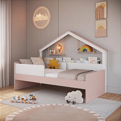 Cama Infantil 200,3x106cm Moldura Casinha Protetores Laterais e Livreiro
