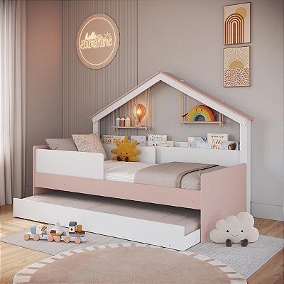 Cama Infantil 200,3x106cm Moldura Casinha com Cama Auxiliar e Livreiro
