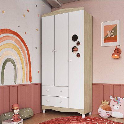 Roupeiro Infantil Encanto 91,5x40cm 6 Prateleiras 2 Gavetas 3 Portas