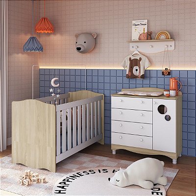 Conjunto Quarto Infantil Encanto Berço com Colchão Cômoda e Prateleira