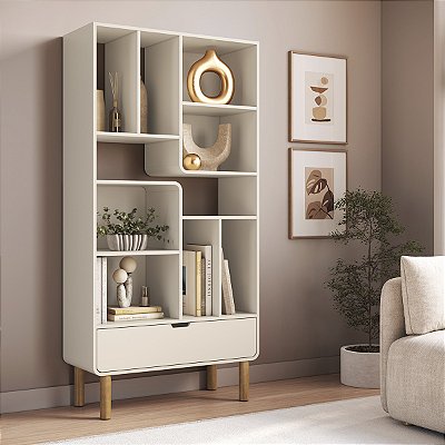 Estante Orgânica Aura 180cm com Prateleiras e 1 Gaveta e Pé Madeira