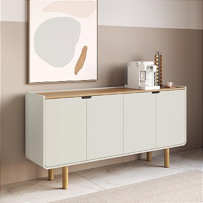 Balcão Buffet Orgânico Aura 160cm com Prateleiras 4 Portas Pé Madeira