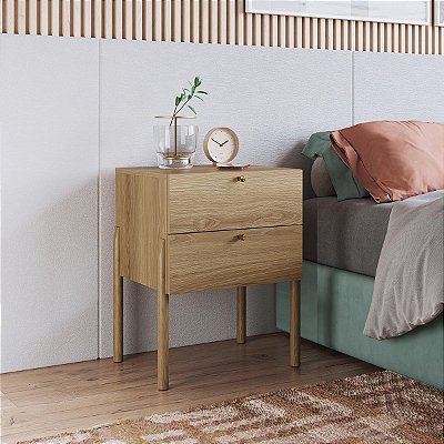 Mesa de Cabeceira Oslo com 2 Gavetas e Pé Madeira