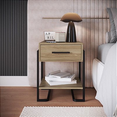 Mesa de Cabeceira 49cm com 1 Gaveta 1 Prateleira e Pés em Metal