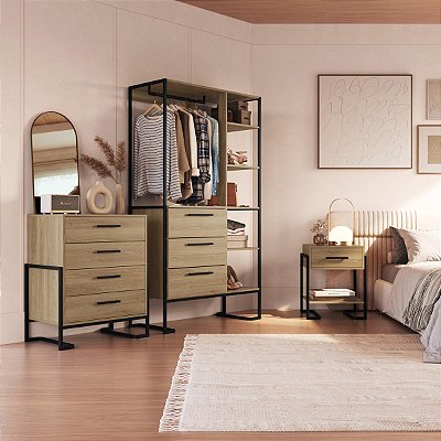 Conjunto Quarto Industrial Closet 103cm Cômoda 67cm Mesa Cabeceira 49cm