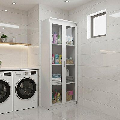 Armário Moderno Multiuso 60x160,5cm 2 Portas de Vidro 4 Nichos