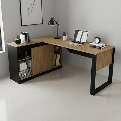 Mesa Escrivaninha em L com Nicho e Porta de Correr 160x74cm