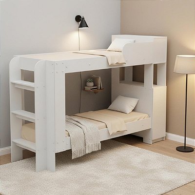 Cama Beliche com Escada Baú Superior e Armário com Prateleira