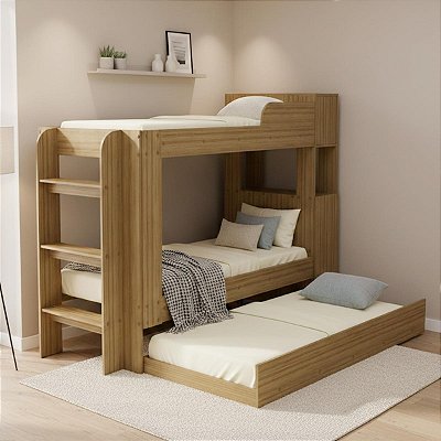 Treliche com Cama Auxiliar Escada Baú Superior e Armário