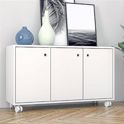 Balcão Aparador 90x53,5cm com 1 Prateleira 3 Portas e 4 Rodízios