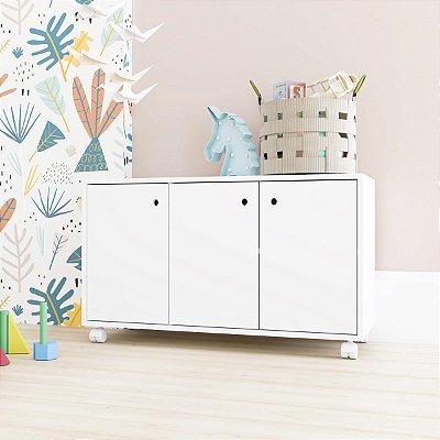 Cômoda Infantil 90x53,5cm com 3 Portas e 4 Rodízios