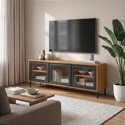 Rack p/ TV até 55'' Polegadas 136x48,5cm 3 Portas Vidro Pés Metálicos