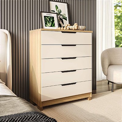 Cômoda Barcelona em MDF 90x112cm com 5 Gavetas e Puxadores Embutidos