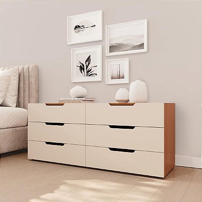 Cômoda Madri Moderna 150x63cm com 6 Gavetas e Puxadores Embutidos