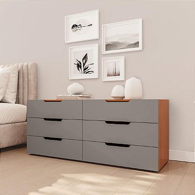 Cômoda Madri Moderna 150x63cm com 6 Gavetas e Puxadores Embutidos