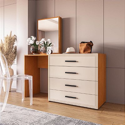 Cômoda Penteadeira Valência Compacta 149x160cm c/ 4 Gavetas e Espelho