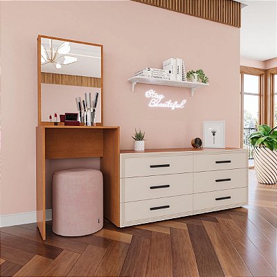 Cômoda e Penteadeira Valência Moderna 209x160cm 6 Gavetas com Espelho
